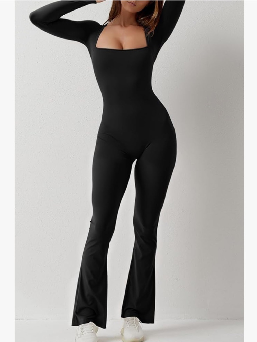 NWT QINSEN black square neck long sleeve flare leg jumpsuit